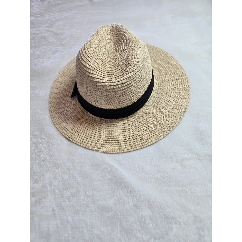 Beige Woven Straw Fedora Wide Brim Sun Hat with Black Ribbon Band Adjustable‎
